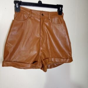 PrettyLittleThing Cognac High Waist Faux Leather Turn-Up Shorts